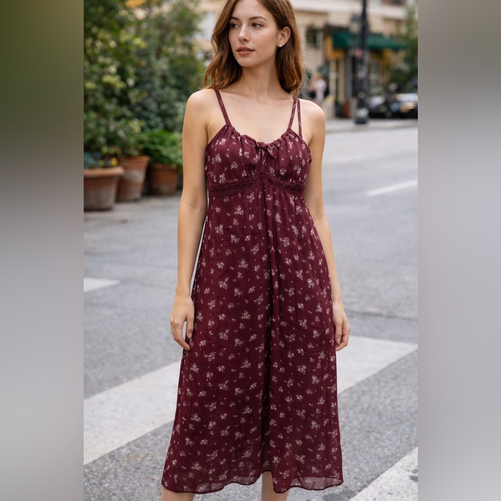 Burgundy Floral Midi Dress Size XS Junior Adjustable Straps Flowy No Boundaries